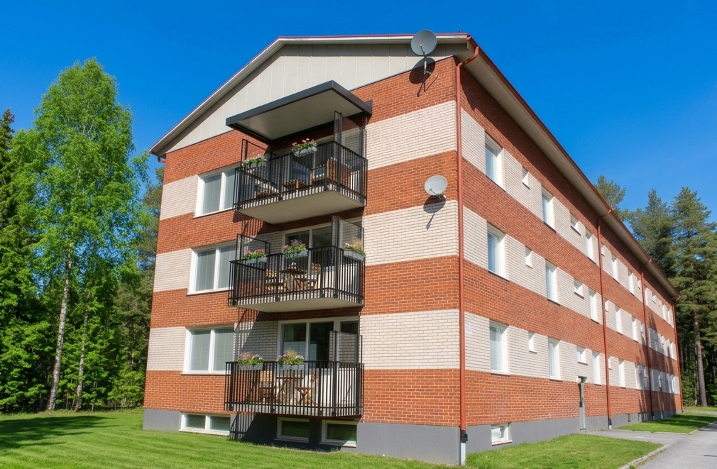 Ai genererad bild på Byggnaden Brostigen med nya balkongerna. Svarta ribbade balkonger med skärmvägg i glas. Hus i rött och vitt tegel. 